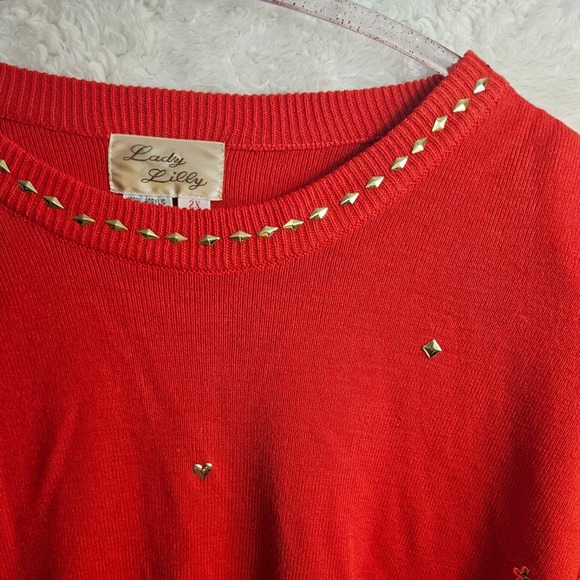 Vtg Lady Lilly Red 2X Sweater Gold Embellishments Women #530 - Picture 4 of 10